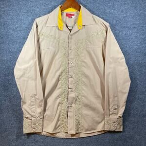 Patron Cito Red Label Pearl Snap Shirt Men's Large Beige Flip Cuff Gold Paisley